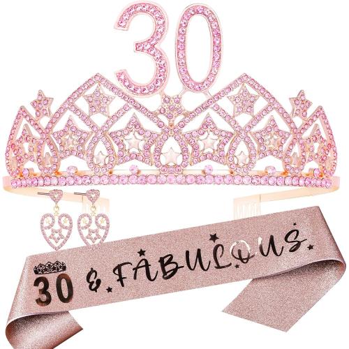 HnoonZ 30th Birthday Gifts for Her,30th Birthday Gifts for Women,30th Birthday Sash,30th Birthday Crown,30th Birthday Tiara,30th Birthday Sash And Crown,30 Crown,30 Year Old Birthday Gifts for Women