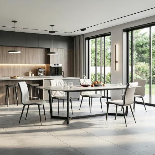 Dining Chairs Set of 2, Gray Upholstered Faux Leather Kitchen Chairs with Sturdy Metal Legs, Ergonomic Dining Room Chairs with Cushion Seat & Back for Living Room, Apartment, Restaurant