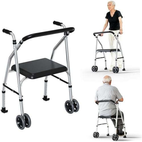 Walkers for Seniors, Standard Walker with Seat, Adjustable Two-Wheeled Walker with 5”Wheels, Lightweight, Supports 300lbs, Compact Travel Walker, Suitable for use in Car