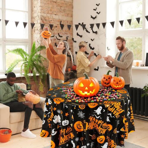 LemonRoad 6 Pack Round Halloween Tablecloths 84 Inch Plastic Table Cover