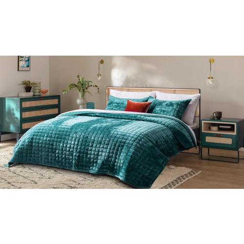 RECYCO Channel Box Stitch Velvet Quilt Set, Full Queen Size, Teal