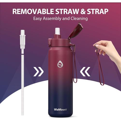 WEMEET 32oz Water Bottle with Removable Straw and Spout Lid Two Ways to Drink, 18/10 Stainless Steel Insulated Water Bottle, BPA-Free, Leak Proof, Double wall, for Sports, Gym