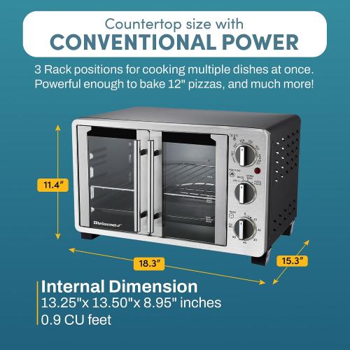 Elite Gourmet ETO2530M Double French Door Countertop Toaster Oven, Bake, Broil, Toast, Keep Warm, Fits 12 pizza, 25L capacity, Stainless Steel & Black