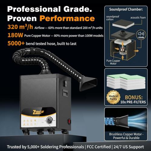 Solder Fume Extractor – 180W 320m³/h, Thickened Pre-Filters, Soundproof Low-Noise Chamber, Exclusive Downward Exhaust, H13 HEPA & High-Iodine Carbon, Smoke Absorber for Soldering, Laser, 3D Printer