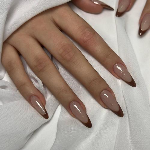 IMRAIN Press on Nails Brown French Tips Fake Nails Long Stiletto False Nails Glossy Full Cover Acrylic Gel Artificial Stick on Nails for Women 24Pcs