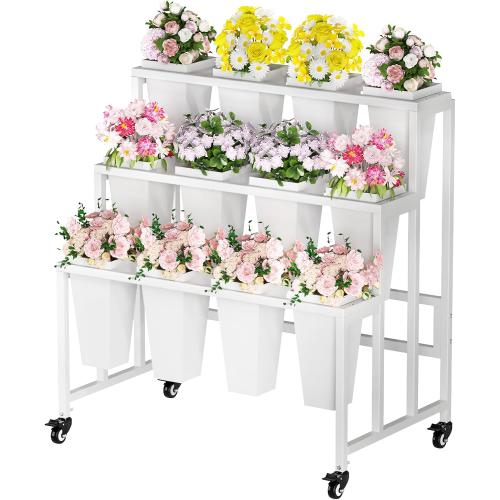 Flower Display Stand with 12 Buckets, 3 Layers Flower Bar, White Metal Plant Stand with Wheels, Heavy Duty Flower Cart for Indoor Outdoor Patio Garden Wedding Florist, White Metal Frame