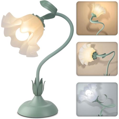 Women Bedside Table Lamps for Bedroom, Cute Flower Desk Lamp With Adjustable Flexible Gooseneck, 3 Color Temperatures Nightstand Lamp with E26 LED Bulbs, Floral Lamp for Living Room, Office ,Reading