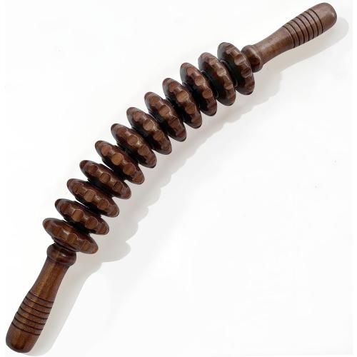 Wooden Curved Handheld Roller Stick Massager - 12 Rollers Wood Therapy Tool for Trigger Point, Fascia & Cellulite Reduction, Lymphatic Drainage, Muscle Tension Relief & Body Shaping (Brown)
