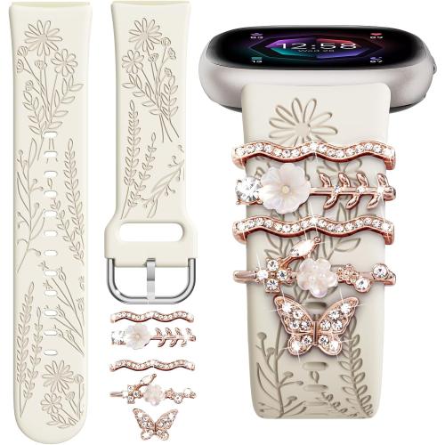 Wildflower Engraved Bands Compatible with Fitbit Sense 2, Versa 4/3, Sense Band with Charms, Soft Silicone Replacement Wristbands Strap with Cute Decorative Rings Accessories for Women