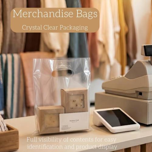 100 Pcs Plastic Bags With Handles 9x12, Clear Gift Bags Shopping Merchandise bags for Small Business Retail Stores Gifts (Yellow)