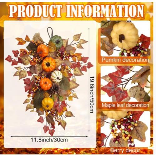 Fall Swag for Front Door 20'' with Pumpkin