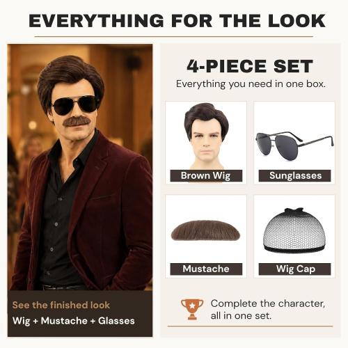 Short Brown Men Wig with Msutache and Sunglasses for 70s 80s Costume Cosplay Halloween Party