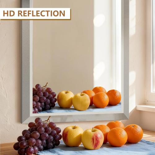 SMIROR Brushed Silver Bathroom Mirror for Over Sink, 36”x 30” Metal Thick Framed Rectangle Vanity Mirror for Wall, Right Angle Corner, Anti-Rust, Horizontally or Vertically Mounted