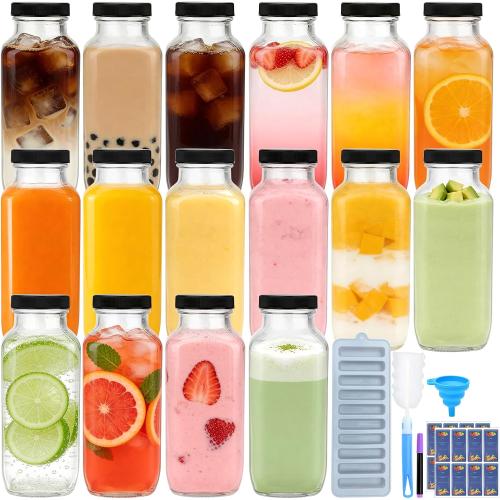 16 Pack 16 oz Glass Juice Bottles with Lids, Reusable Juice Containers with Cleaning Brush, Square Glass Water Bottles Drinking Jars for Juicing, Smoothies, Beverages, Milk, Kombucha