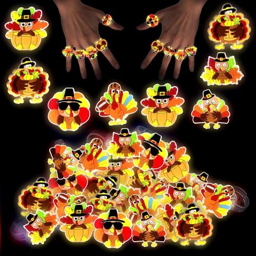 24Pcs Thanksgiving Light Up Rings,Thanksgiving Themed Party Decorations Supplies Fall Thanksgiving Gifts Bulk Turkey Prizes ﻿for Party Supplies