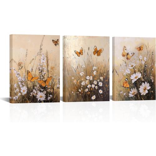 Fochorlo Butterfly Wall Art Flowers Wall Decor Orange Brown Pictures Prints Decoration for Bathroom Living Room Bedroom 12x16x3