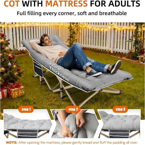 Fragess Portable Camping Cot, 600LBS Max Load, Extra Wide with Thick Mattress, Folding Cot for Outdoor Camping/Office, Home Nap (Grey)