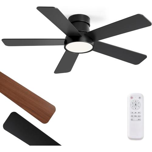 Fanbulous 42 Inch Ceiling Fans with Lights and Remote,Outdoor Indoor Modern Flush Mount Ceiling Fan with 3CCT 6-Speed Quiet DC Motor,Black Small Low Profile Ceiling Fan for Bedroom Living Room Office