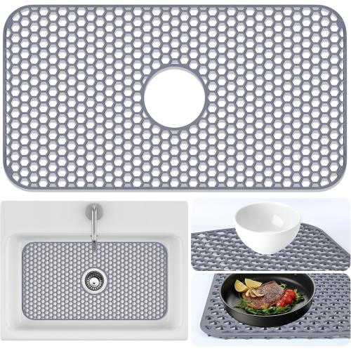 Sink Protectors Mat - 25.79x13.98 Kitchen Sink Pad for Bottom of Basin for Protection of Stainless Steel and Tableware, Farmhouse Rubber Basin Mat Protector with Center Drain - Light Gray