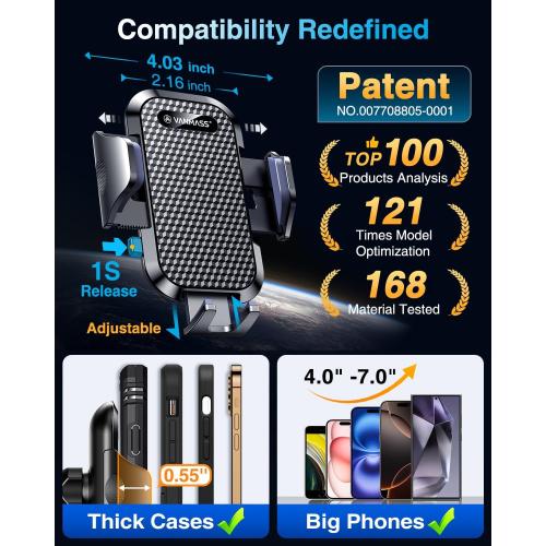 VANMASS Car Phone Holder 2026 Ultimate Military-Grade Strongest Suction & Clip Windshield Dashboard【Newest Best Strongest】 Cell Phone Automotive Dash Gauge Accents for iPhone 18 Pro Max 17 16 15 14