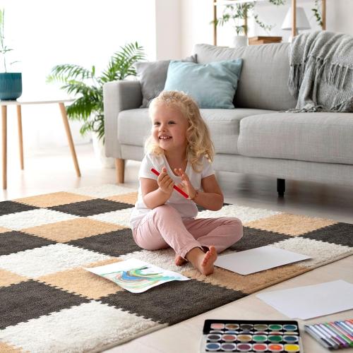 ZENOWICK 36 Pcs Plush Interlocking Carpet Tiles, Puzzle Play Mats for Floor | Anti-Slip Shaggy Foam Carpet Tiles for Toddler Baby, EVA Foam Tiles for Nursery, Playroom(Grey White Light Brown)
