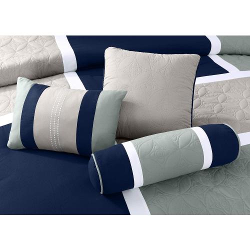 Chezmoi Collection Upland 7-Piece Quilted Patchwork Comforter Set, Navy/Blue/Gray, Queen