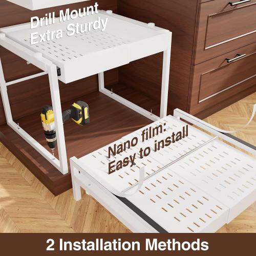 2-Tier Expandable Pullout Cabinet Organizer,Adjustable Width Metal Shelves