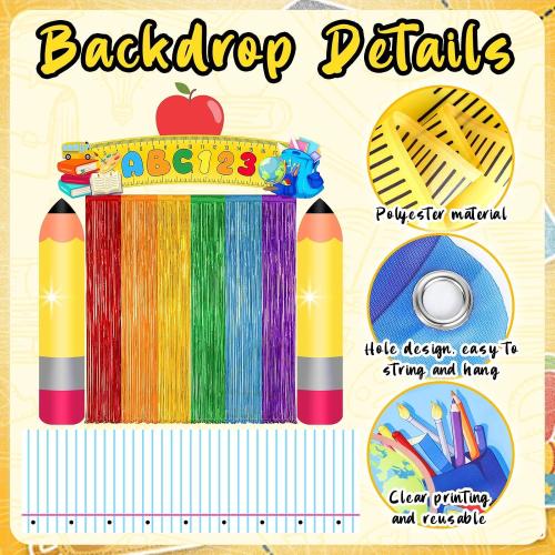 6 Pcs Back to School Door Porch Banner with Rainbow Foil Fringe Curtain First Day of School Classroom Decor ABC Pencil Photo Booth Backdrop Kindergarten Preschool Welcome Back to School Party Supplies