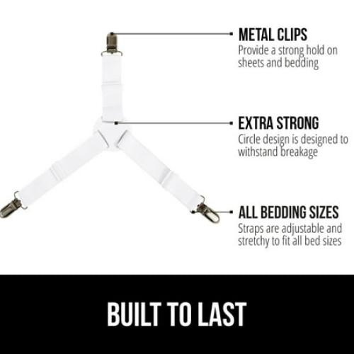 Gorilla Grip Bed Sheet Straps, Adjustable Elastic Fasteners with Metal Clips, Keep in Place Fitted Bedding Holder, 4 Pack White