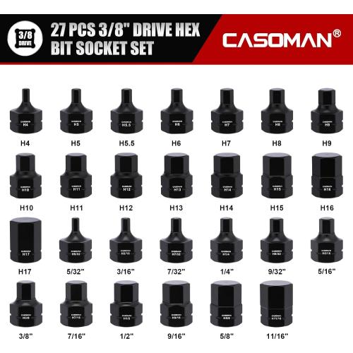 CASOMAN 27-Piece 3/8 Drive Low Profile Impact Hex Bit Socket Set, S2 Steel Allen Bit Socket Set, SAE & Metric, Includes Storage Case