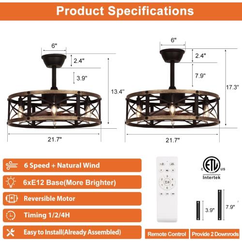 SHLUCE 22 Caged Ceiling Fan with Light and Remote, Farmhouse Fandelier