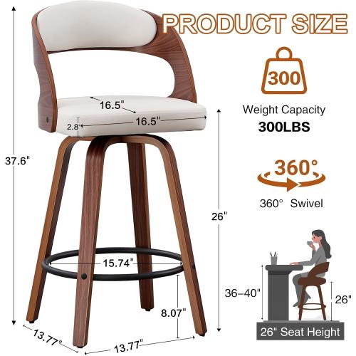 26 Swivel Upholstered Counter Height Bar Stools Set of 2 with Back, Cream