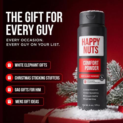 HAPPY NUTS Comfort Powder Deodorant For Men: Anti-Chafing, Sweat and Odor Control for Jock Itch, Aluminum-Free, 6 oz (1 Pack), Original Scent
