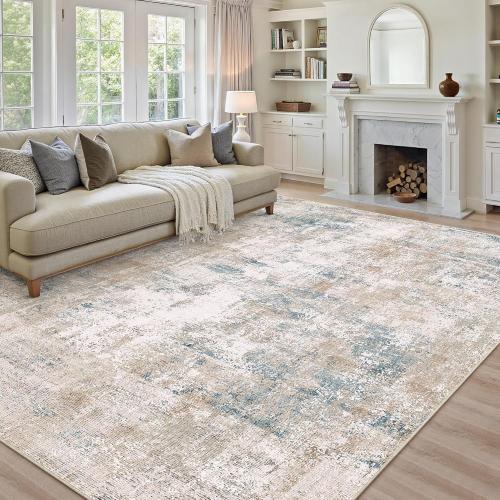 8x10 Beige Blue Abstract Area Rug