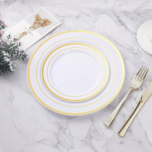 BESTVIP 100Pcs Gold Plastic Plates, 10.25 Inch Disposable Dinner Plates