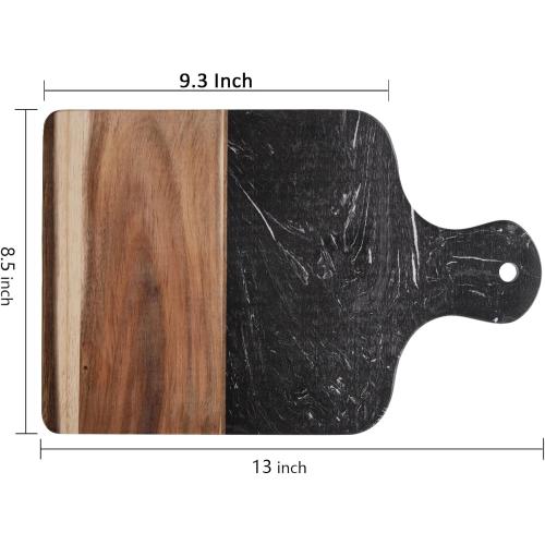 Coloch Marble and Acacia Wood Cutting Board, Black Charcuterie Chopping Board with Handle, Decorative Serving Board for Cheese, Steak, Bread, Fruit
