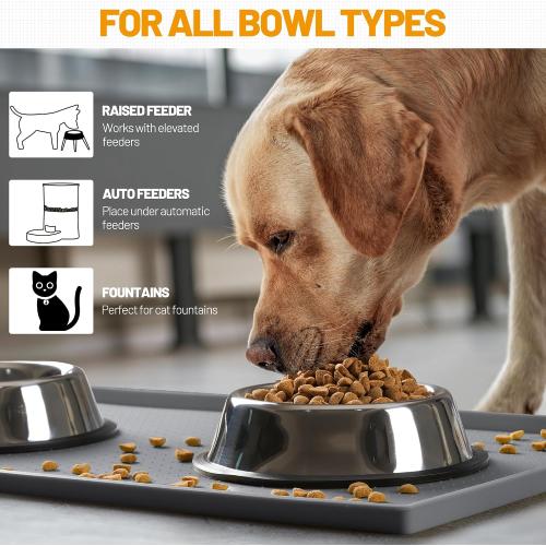Hubulk Dog Feeding Mat,100% Waterproof Food Grade Silicone Pet Food and Water Bowl Placemat,Dishwasher, High Raised Edge to Prevent Spills,Nonslip Tray to Stop Messes on Floor (24x16x0.5, Grey)