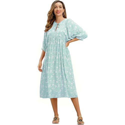 Size L....Boho Dress for Women, Lantern Sleeve V Neck Floral Midi Dress Loose Ruffle A Line Flowy Casual Summer Long Dress
