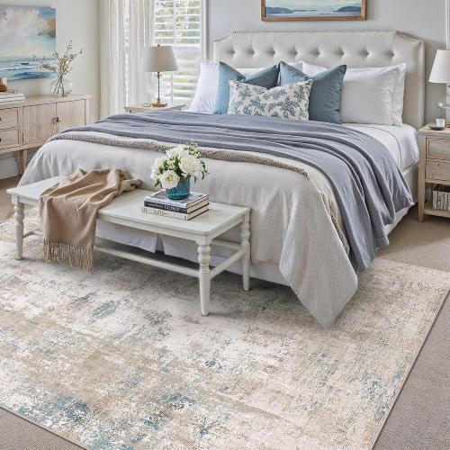 8x10 Beige Blue Abstract Area Rug