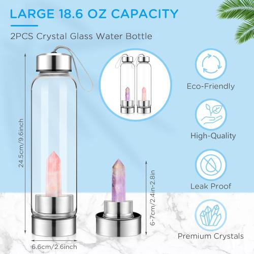 meekoo Crystal Glass Water Bottle with Gemstone Center Natural Amethyst Quartz Clear Water Bottle Quartz Crystal Cup Energy Cup for Healing and Wellness