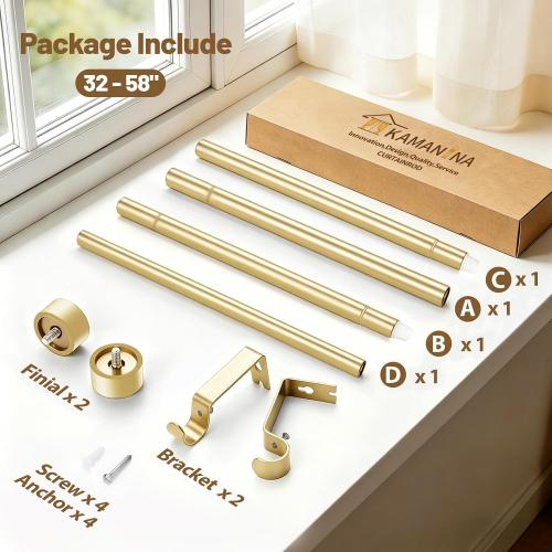KAMANINA Gold Curtain Rod 32 to 58 Inch, Heavy Duty Window Treatment Rods