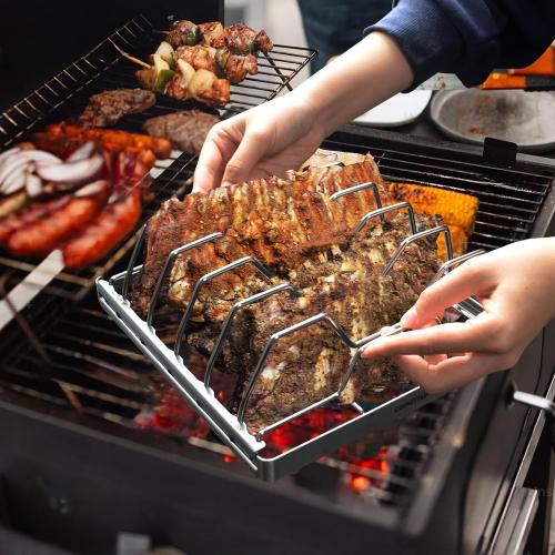 Foldable Rib Rack for Smoking, Stainless Steel 10 in Rib Rack with 2 Meat Shredder Claws, and Black PP Tray, Perfect for Grilling, Smoking, and Serving, BBQ Accessories