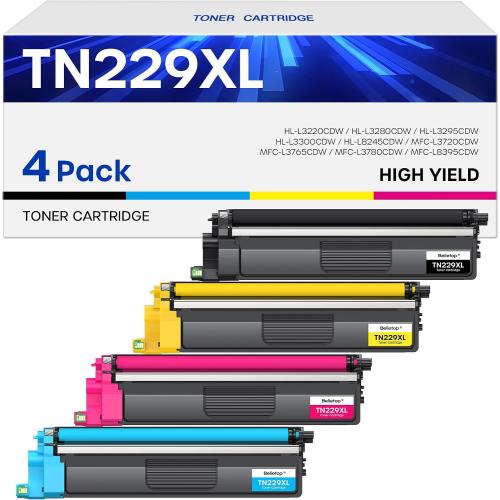 Compatible TN229XL Toner Cartridges High Yield Replacement for Brother TN229XL TN 229XL for MFC-L3780CDW MFC-L3720CDW HL-L3280CDW HL-L3220CDW HL-L3300CDW HL-L3295CDW Printers (4 Pack, B/C/M/Y)