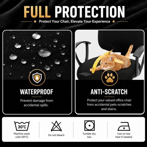 Water-resistant Stretchable Computer Chair Covers - Washable Rotating Backrest and Seat Protectors for Pets - Black