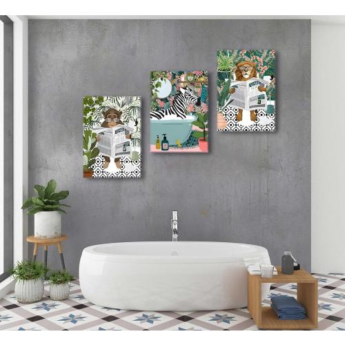 3Pcs Jungle Animal Bathroom Canvas Wall Art Zebra in Bathtub Pictures Lion Monkey on Toilet Reading Newspaper Paintings Funny Forest Animal Posters Prints for Restroom Wall Decor Framed