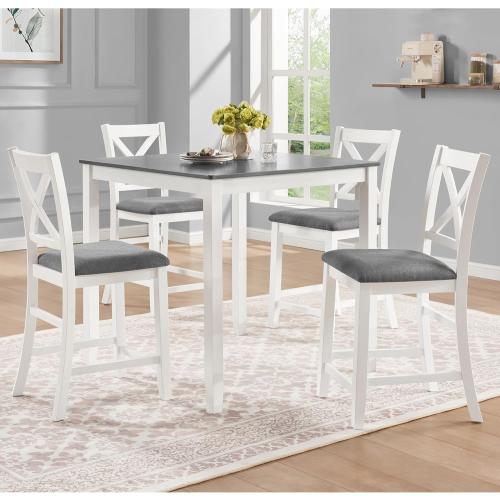 KEIKI 5-Piece Standard Height Dining Table Set with Square Table and 4 X-Shaped Backrest Upholstered Chair, for 4 Person, Modern Wooden Table Set, Easy Assembly, for Kitchen, Dining Room, Grey White