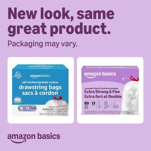 Amazon Basics Ultra-Force Tall Kitchen Drawstring Trash Bags, Lavender Scented, 13 Gallon, 80 Count, Pack of 1, Packaging May Vary