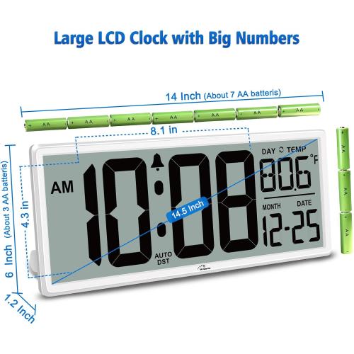 WallarGe 14.5'' Large Digital Wall Clock Battery Operated