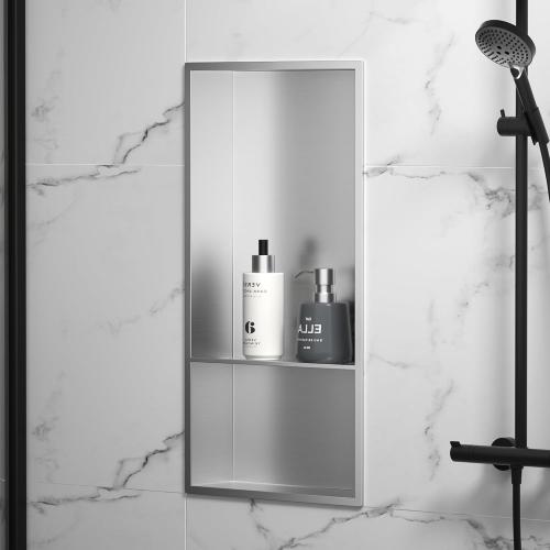Stainless Steel Shower Niche 24 X 12 Brushed No Tile Needed Wall Niche with Double Shelves Recessed Shower Shelf for Bathroom Vertical Niches
