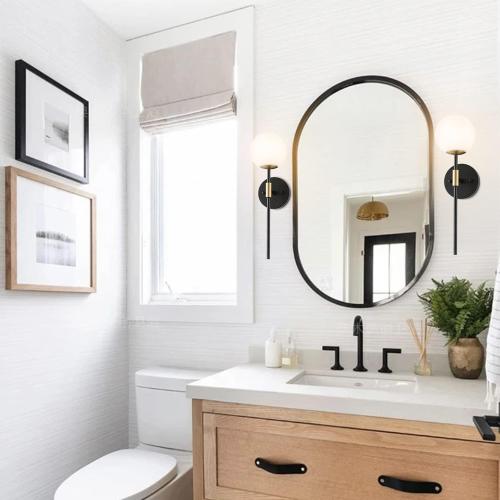 Industrial Mid Century Wall Sconce Set of 2 with White Globe Glass Shades Modern Bathroom Vanity Wall Lamp Black and Gold Finished Wall Light Fixture